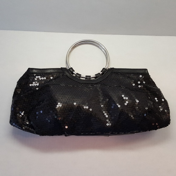 Chateau, Black Sequin Purse - Silver Round Handles - Picture 1 of 8